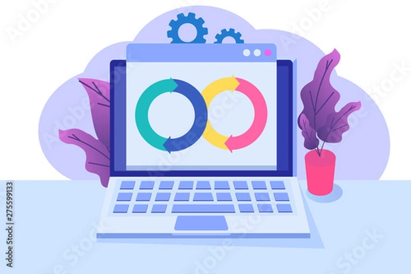 Fototapeta  Devops concept. Application development, building.  API prototyping, programming and testing. Vector illustration