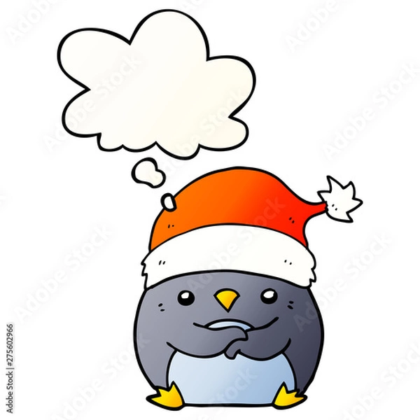 Fototapeta cute cartoon penguin wearing christmas hat and thought bubble in smooth gradient style