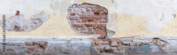 Fototapeta Panoramic empty old brick wall texture. Abstract backdrop banner. Copy Space.
