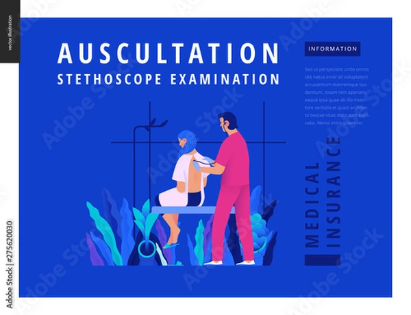 Fototapeta Medical tests Blue template - auscultation -modern flat vector concept digital illustration of stethoscope examination procedure - patient and doctor carrying out procedure, medical office, laboratory