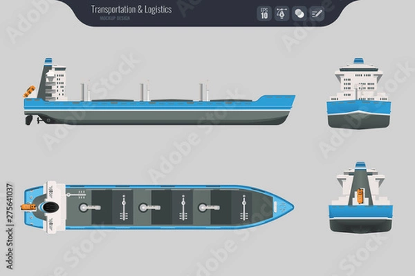 Fototapeta Statek towarowy na szarym tle. Widok z góry, z boku iz przodu. Transport kontenerowy w stylu płaskiej. Ilustracji wektorowych
