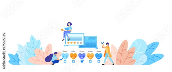 Fototapeta give likes, ratings, emoticons and feedback. include testimonials to get better service and damage. vector illustration concept for landing page, web, ui, banner, flyer, poster, template, background