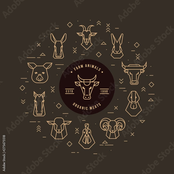 Fototapeta Circular vector set of heads of farm animals that are great for illustrations, infographics and logos of stores or other businesses. Icons isolated on a dark background.