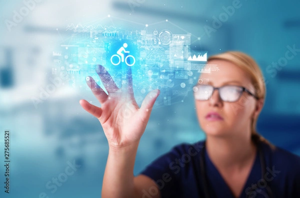 Fototapeta Doctor touching hologram screen displaying healthcare running symbols
