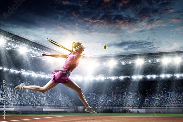 Fototapeta Young woman playing tennis in action. Mixed media