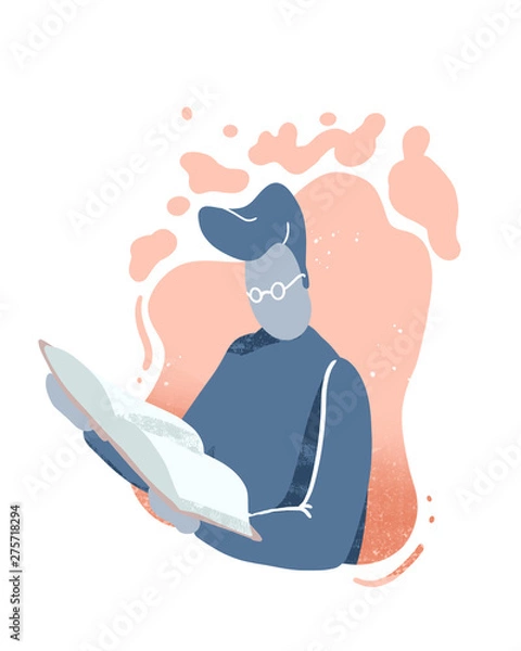 Fototapeta flat minimal character illustration of a man reading with an abstract bubble on isolated white background - digital drawing