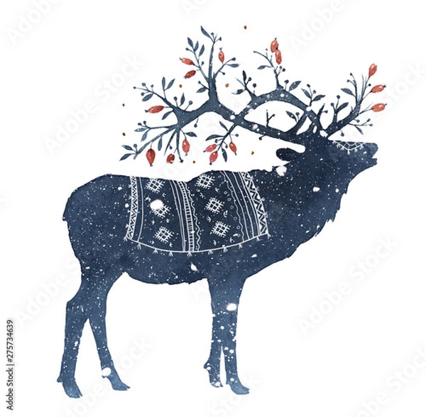 Obraz Watercolor illustration of deer with magic horns in the snow isolated on white background