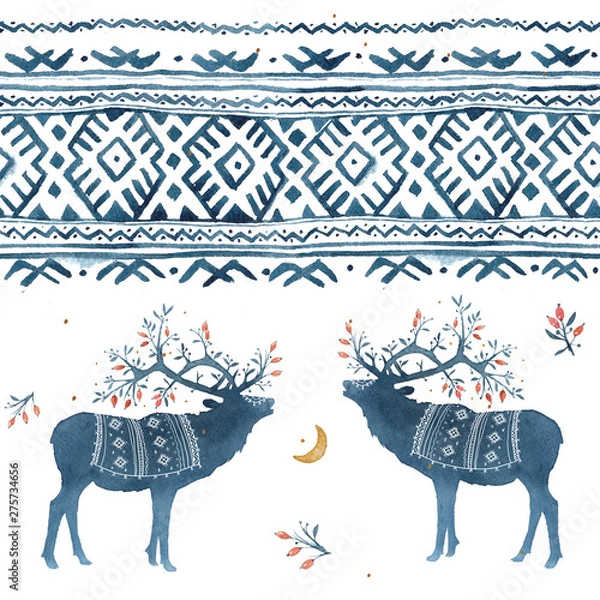 Obraz Seamless pattern with watercolor winter Scandinavian deer and national ornament in blue colors