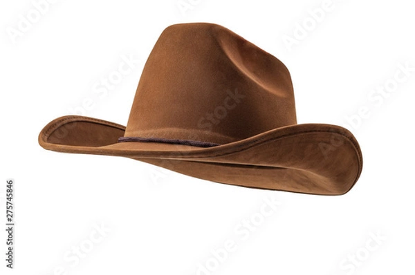 Fototapeta Jeździec rodeo, kultura dzikiego zachodu, Americana i amerykańska muzyka country z brązowym skórzanym kowbojskim kapeluszem na białym tle z wyciętą ścieżką klipu