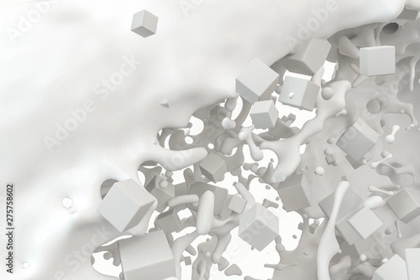 Fototapeta Purity splashing milk with flying cubes, 3d rendering.