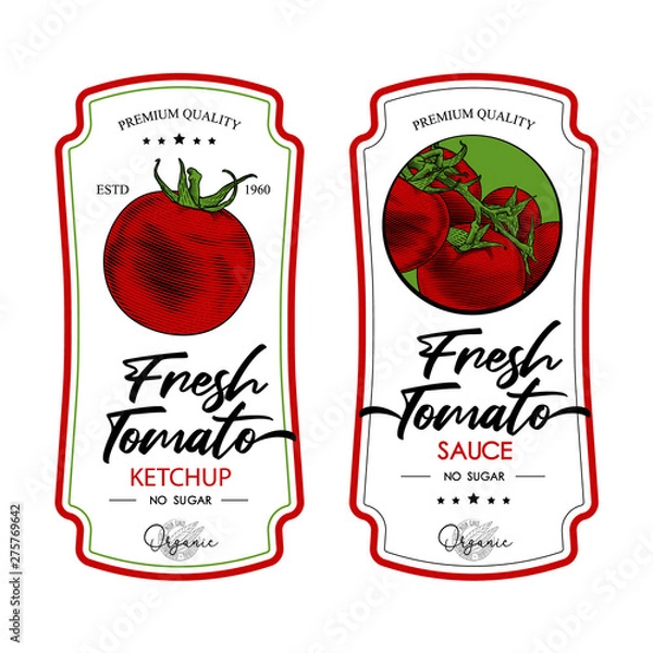 Fototapeta Tomato ketchup, sauce  badge label design set. Vector hand drawn illustration of tomatoes in engraving technique. Vintage templates for tomato sauce packaging. 