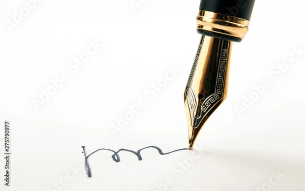 Obraz golden fountain pen leaves a signature on a white paper
