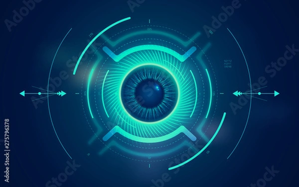 Obraz Digital eye HUD UI. Sci-fi futuristic user interface. Technology background. Spy artificial intelligence concept. Virtual surveillance system screen. Vector illustration