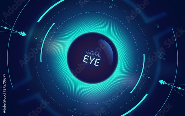 Obraz Digital eye HUD UI. Sci-fi futuristic user interface. Technology background. Spy artificial intelligence concept. Virtual surveillance system screen. Vector illustration