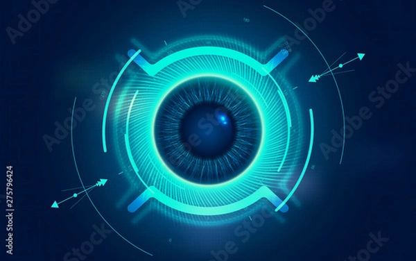 Obraz Digital eye HUD UI. Sci-fi futuristic user interface. Technology background. Spy artificial intelligence concept. Virtual surveillance system screen. Vector illustration