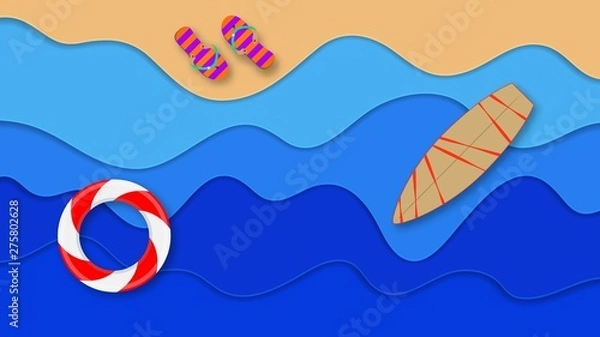 Fototapeta Paper cut style background with layered sea, beach, surfboard, flip flops and lifebuoy. Vector origami travel concept.