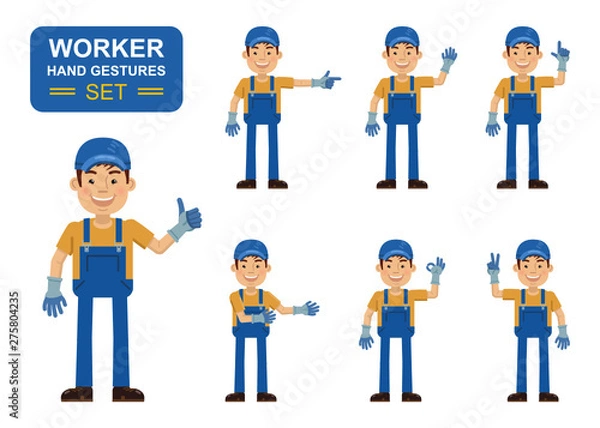 Fototapeta Set of auto mechanic characters showing different hand gestures. Cheerful worker showing thumb up gesture, this way, greeting, waving, pointing up, victory sign. Flat style vector illustration