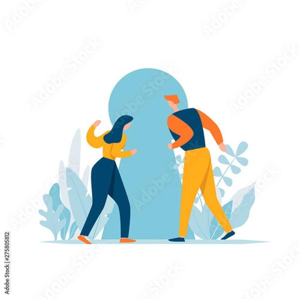 Fototapeta Couple looking into keyhole with curiosity. Problem solving, opportunity, concept. Cartoon characters discovery secret. Man and woman searching sense, freedom, future journey.