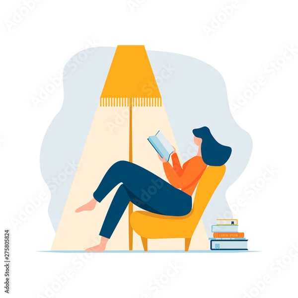 Fototapeta Young adult woman reading book relaxing sitting in chair under lamp and stack of books. Cartoon female character reclining on sofa and having rest at home