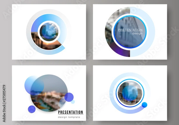 Fototapeta The minimalistic abstract vector illustration of the editable layout of the presentation slides design business templates. Creative modern blue background with circles and round shapes.