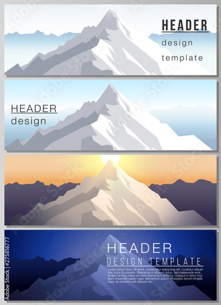 Fototapeta The minimalistic vector illustration of the editable layout of headers, banner design templates. Mountain illustration, outdoor adventure. Travel concept background. Flat design vector.