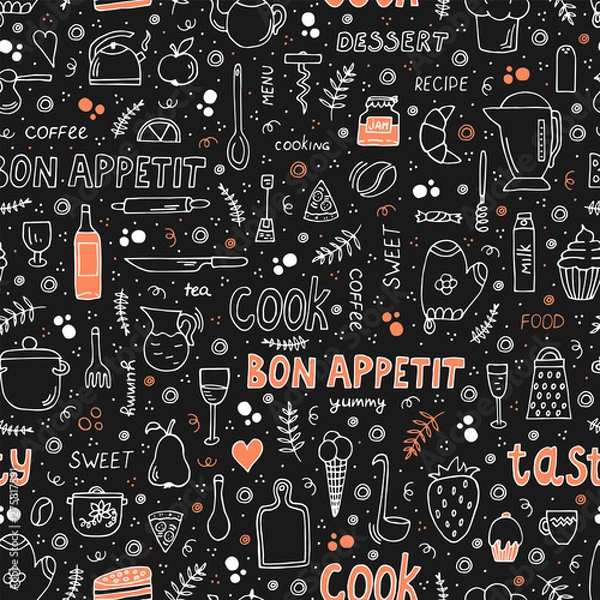 Fototapeta Doodle style illustration wiht food and cooking utensil. Seamless pattern with different symbols.