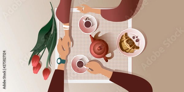 Fototapeta The morning date in a cafe. Top view vector mockup for a layout landing page or design advertising leaflet.