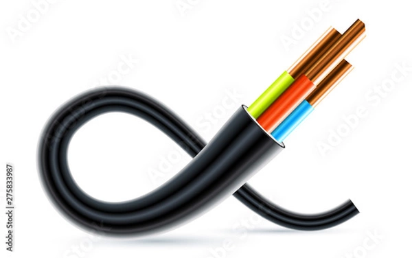 Obraz Flexible Three-wire electrical 3d cable isolated on white background. Copper multicore cable in color insulation. Close-up of the cross section. Curved power cable. Vector illustration