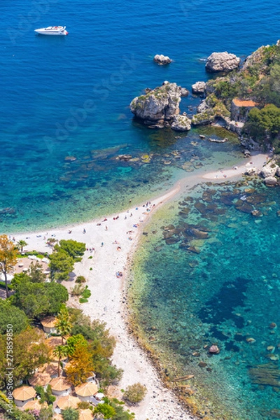 Obraz Aerial view of Isola Bella island and beach in Taormina, Sicily, Italy. Giardini-Naxos bay, Ionian sea coast. Isola Bella (Sicilian: Isula Bedda) also known as The Pearl of the Ionian Sea