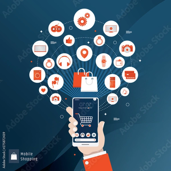 Fototapeta Flat design concept of online shopping for web page, website,template and background.Vector illustration.