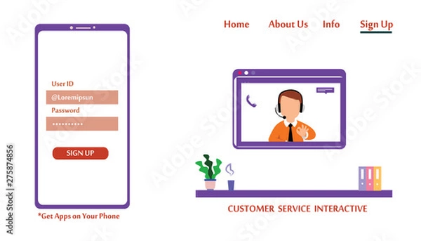 Fototapeta Landing Page Website Customer Service Interactive , Call Center for online Shopping and Business Concept Vector Template Design Illustration