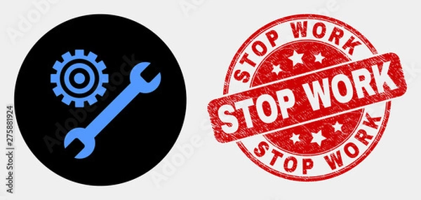 Fototapeta Rounded repair tools icon and Stop Work seal stamp. Red rounded textured seal with Stop Work caption. Blue repair tools symbol on black circle. Vector composition for repair tools in flat style.