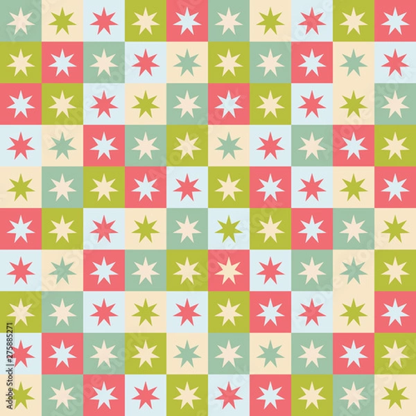 Fototapeta Festive seamless repeat pattern of geometric squares and stars. A Christmas vector design in green,red and cream.