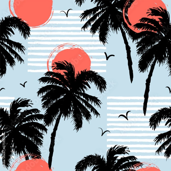 Fototapeta Seamless pattern with palm trees, sun. Vector illustration.