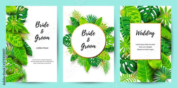 Fototapeta Wedding invitation set with exotic jungle leaves. Vector illustration tropical template. Place for text. Great for flyer, party invitation, ecological concept, wedding. Save the date card.
