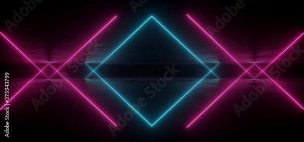 Fototapeta Virtual Neon Laser Glowing Purple Blue Vibrant Show Night Dark Empty Grunge Concrete Shaped Lights Bright Reflection Glossy Alien Spaceship Underground Garage Tunnel 3D Rendering