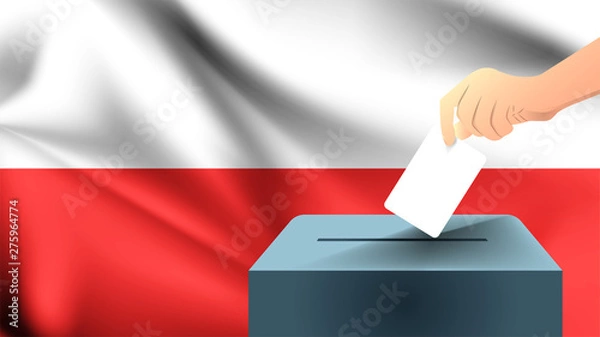 Fototapeta Male hand puts down a white sheet of paper with a mark as a symbol of a ballot paper against the background of the Poland flag, Polish the symbol of elections