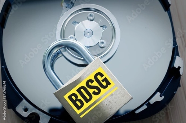Obraz Festplatte und Vorhängeschloss mit in deutsch BDSG Bundesdatenschutzgesetz in English Federal Data Protection Act