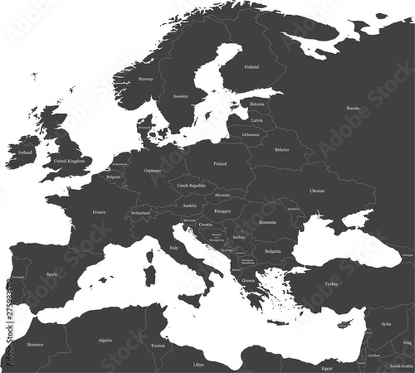 Fototapeta Map of Europe (with Russia) and north Africa split into individual countries with labels.