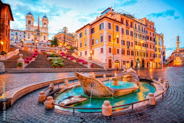Obraz Piazza di Spagna w Rzymie, Włochy. Hiszpańskie schody rano. Rzymska architektura i punkt orientacyjny.