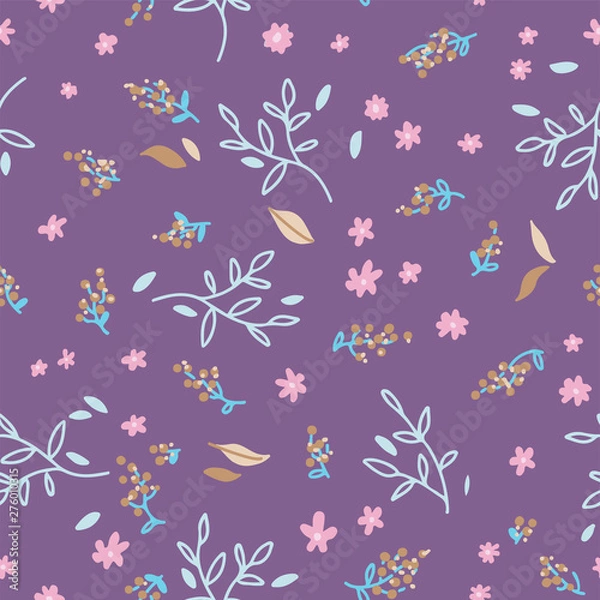 Fototapeta Floral seamless pattern. Hand drawn doodle leaves, brances and flower background. Nature Spring wrapping paper. Vector outline illustration on white background.