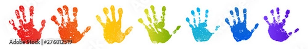 Obraz Hand rainbow print isolated on white background. Color child handprint. Creative paint hands prints. Happy childhood design. Artistic kids stamp, bright human fingers and palm. Vector illustration