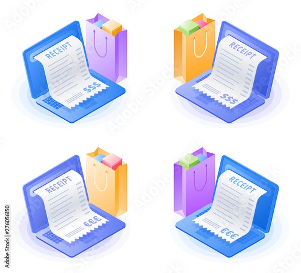 Obraz The online purchase and mobile payment with laptop. The portable computer, receipt bill from screen, shopping bag. Flat vector isometric illustration set. The paying, market, internet store concept.