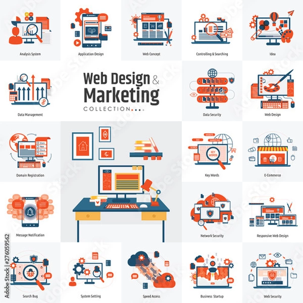 Fototapeta Web design template set for marketing data analysis and data analytics concepts different business collection