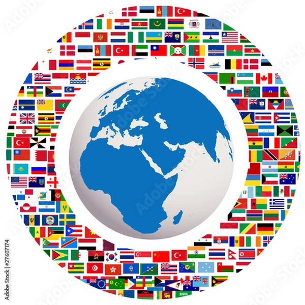 Fototapeta Earth globe with all flags