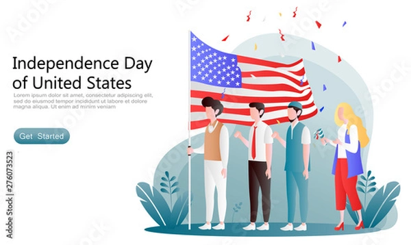 Fototapeta flat vector cartoon illustration independence day america.  a group of people were carrying out a ceremony and celebration with flags, sets of plants. for landing page, website, ui, ux, apps, homepage