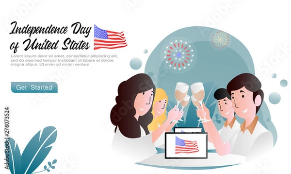Fototapeta flat vector cartoon illustration celebrate America's independence day with lovers by cheers drinking and seeing fireworks. tablets display American flags, plant. for landing page, web, ui, homepage, 