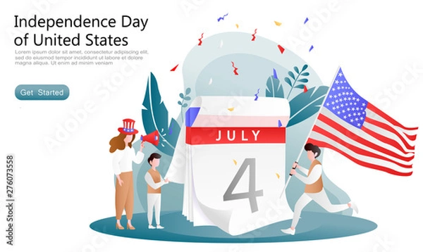 Fototapeta flat vector cartoon illustration celebrate independence day usa. Men run bring and raising flags, women give spirit. Concept 4th of july calendar, set of plants. for landing page, website, ui, ux, app
