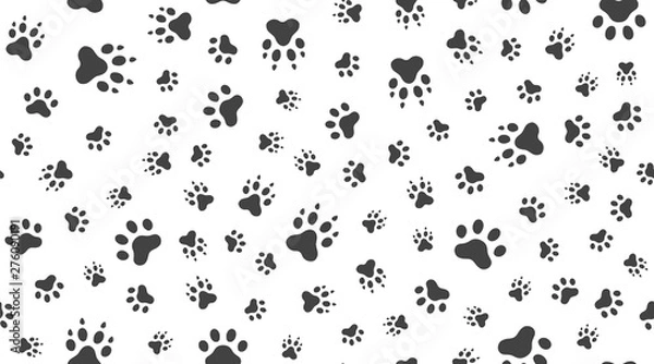 Fototapeta Animal tracks vector seamless pattern with flat icons. Black white color pet paw texture. Dog, cat footprint background, abstract foot print silhouette wallpaper for veterinary clinic