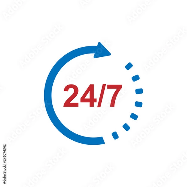 Fototapeta Service and support for customers around the clock and 24 hours a day and 7 days a week icon or symbol isolated on white background. Vector